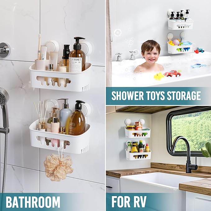 TAILI Shower Caddy Suction Cup 2 Pack, Heavy Duty Bathroom Organizer, Removable Shelves for Inside Shower, Shampoo, Waterproof Suction Plastic Storage for Bathroom Accessories Holder, White