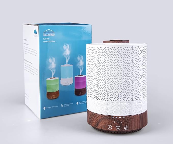 BlueHills 2500 ML XL Essential Oil Diffuser for Large Room Aroma Humidifier Home Decor Bed Baby Room Big Huge 2.5 L Capacity Long Run Color Lights Decorative Design High Mist Dark Wood Grain F004