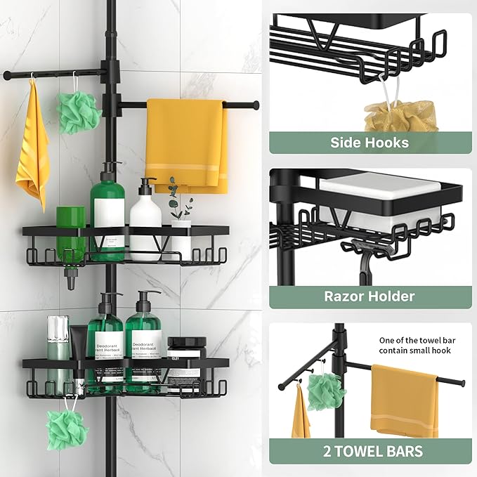 Shower Caddy Tension Pole Corner with 4 Removable Baskets & 2 Towel Bar - Expandable Shower Caddy Corner Adjustable 25-114.2 Inches Upgraded Bath Organizer for Tub(Stainless Steel, Black)