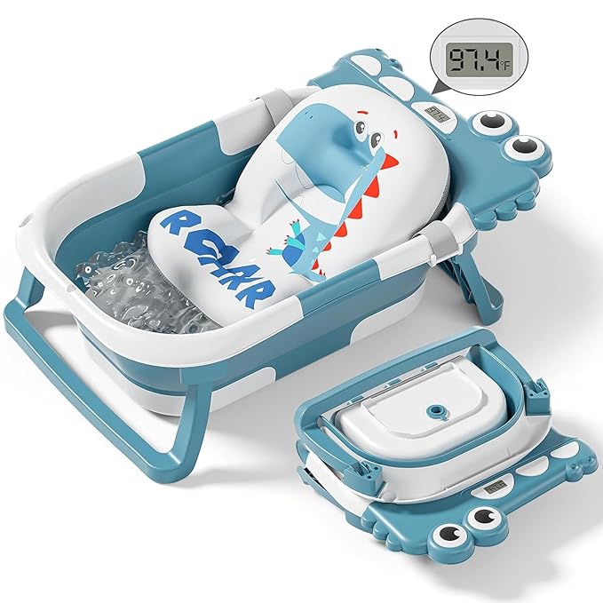 Collapsible Baby Bathtub for Newborn, Foldable Baby Bath Tub with Thermometer & Soft Floating Cushion & Drain Hole, Portable Travel Infant Bath Tubs for Newborns to Toddler 0-36 Months Girl, Blue