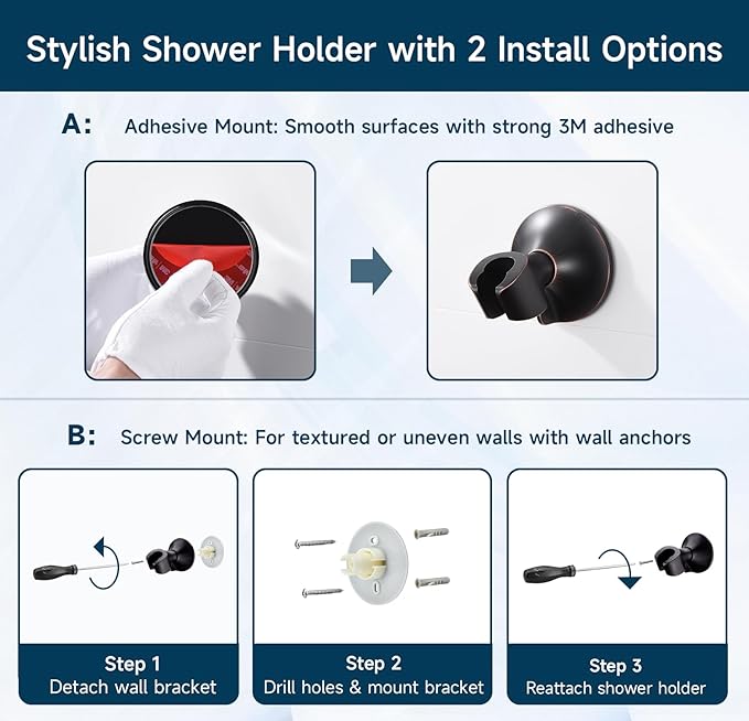 BRIGHT SHOWERS Strong Adhesive Shower Head Holder with Dual Angle Adjustable, Wall Mounted Handheld Shower Bracket, Easy Installation, Screw Mounting Options, Oil-Rubbed Bronze