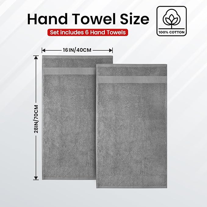Infinitee Xclusives Gray Hand Towels for Bathroom - Set of 6 (16x28 inches) 600 GSM, 100% Cotton Ultra Soft, Quick Drying, Hotel Quality Hand Towel Set (Charming Grey, Hand Towels)