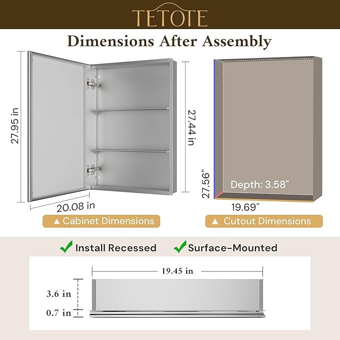 TETOTE 20 x 28 Medicine Cabinet with Mirror with Tempered Beveled Mirror Silver Medicine Cabinet Aluminum Cabinet DTC Hinges, Stepless Adjustable Shelves, Recessed/Surface-Mounted