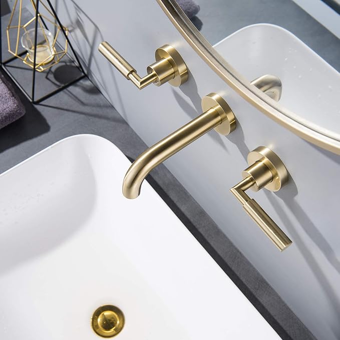 RBROHANT Brushed Gold Wall Mount Bathroom Faucet, Wall Mounted Sink Faucet, Dual Handle, Solid Brass, Rough-in Valve Included
