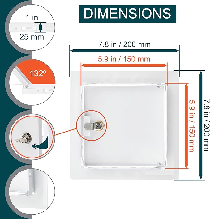 6" x 6" Lockable White Metal Access Panel. Service Shaft Door Panel with Key. Plumbing, Electricity, Heating, Alarm Wall Access Panel for Drywall. Bathroom Services Access Hole Cover.