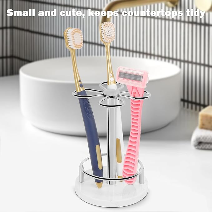 HarJue Toothbrush Holder Stand for Bathroom, Metal Toothbrush Organizer with Marble Base, Toothbrush Storage Collection for Family, Suitable for Home Hotel Countertop Vanity (Small, Chrome Finish)