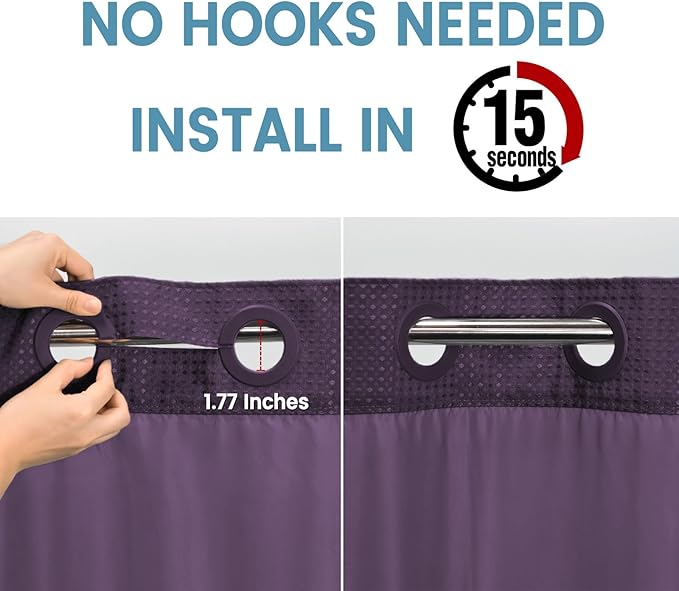 Purple Hotel Style Shower Curtain with Snap in Liner - 230GSM Waffle Textured,Hotel Grade,Spa Like Bath Curtain,71W x 74H
