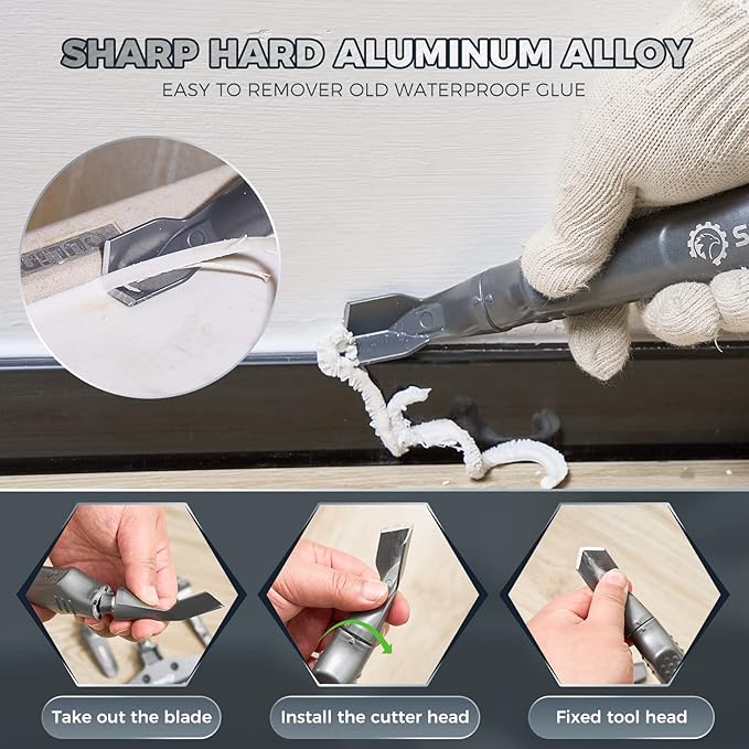 Saker Caulking Tool Kit-Aluminum 4 in 1 Sealant Finishing Tool Grout Remove Scraper Caulk Remover Glass Glue Angle Scraper for Bathroom,Kitchen,Floor,Window,Sink Joint,Frames Seal Silver