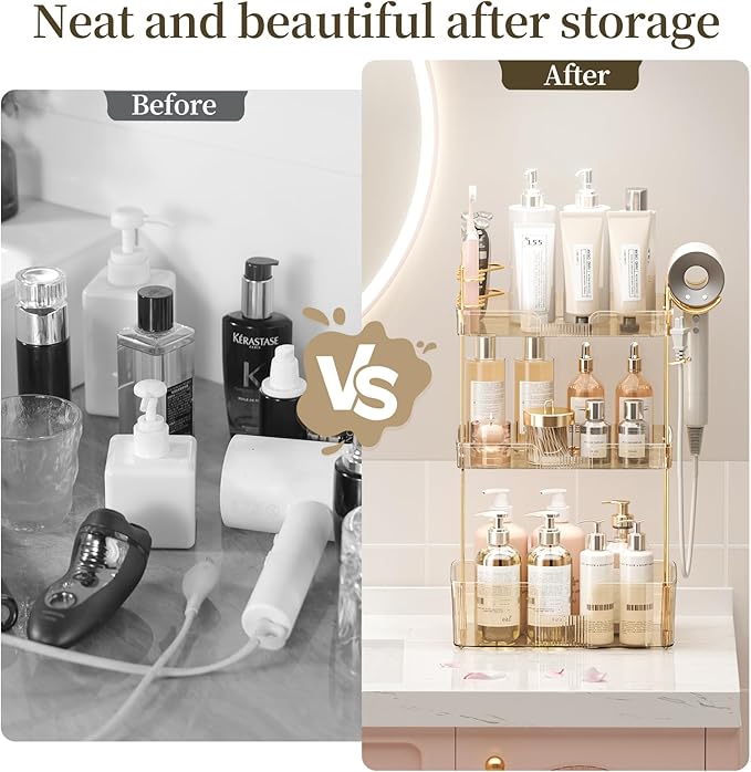 Bathroom Counter Organizer with Hair Dryer Holder, Hair Tool Countertop Storage, Cosmetics Skincare Shelf Organizer, Makeup Organizer Perfume for Dresser Vanity Tray(3 Tier-Gold)