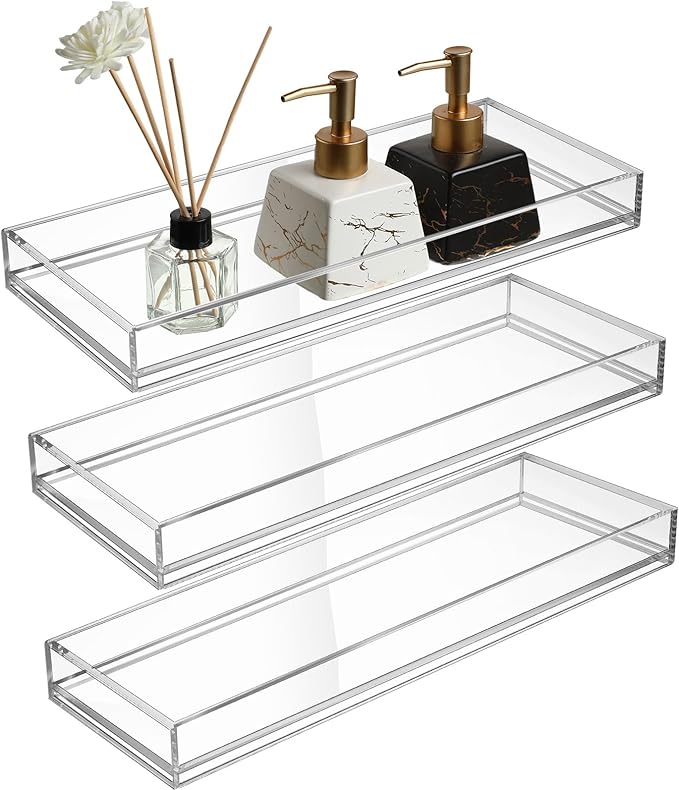 Maitys 3 Pcs Acrylic Vanity Tray Bathroom Tray for Serving Vanity Makeup Organizer Clear Hand Towel Kitchen Countertop Makeup Perfume Cosmetics Organizer Valentine Gift (11.8 x 5 Inch)