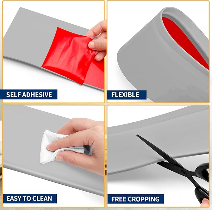 Flexible Baseboard Molding Trim 4 Inch Self-Adhesive Vinyl Wall Base Peel and Stick Cove Base Rubber Wall Baseboard Moulding Trim (200Ft, Gray)