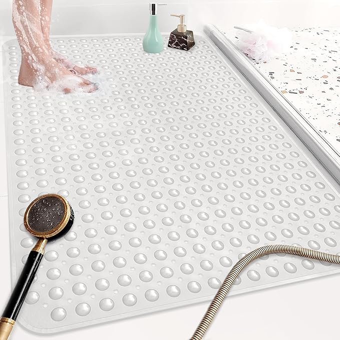 Shower Mat Non Slip: 47.2 x 31.5 Inch Extra Large TPE Shower Mats for Inside Shower - Anti Slip Shower Stall Matt with Drain Hole and Suction Cups for Elderly