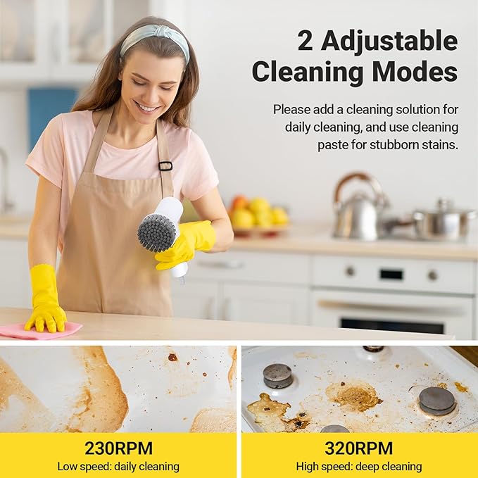 Electric Spin Scrubber, 2000 mAh Cordless Power Scrubber with 4 Replaceable Heads, 2 Speeds Portable Scrubber for Cleaning Sink/Stove/Corner/Tile/Grout/Bowl (White)