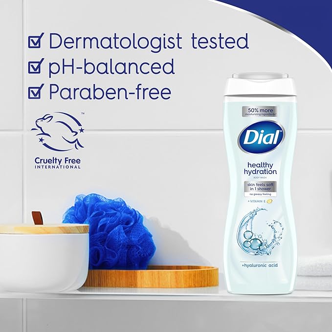 Dial Body Wash, Healthy Hydration, Hyaluronic Acid + Vitamin E, 16 fl oz (Pack of 4), Gentle, Leaves Skin Feeling Soft In 1 Shower, Dermatologist-Tested, No Parabens & Silicones