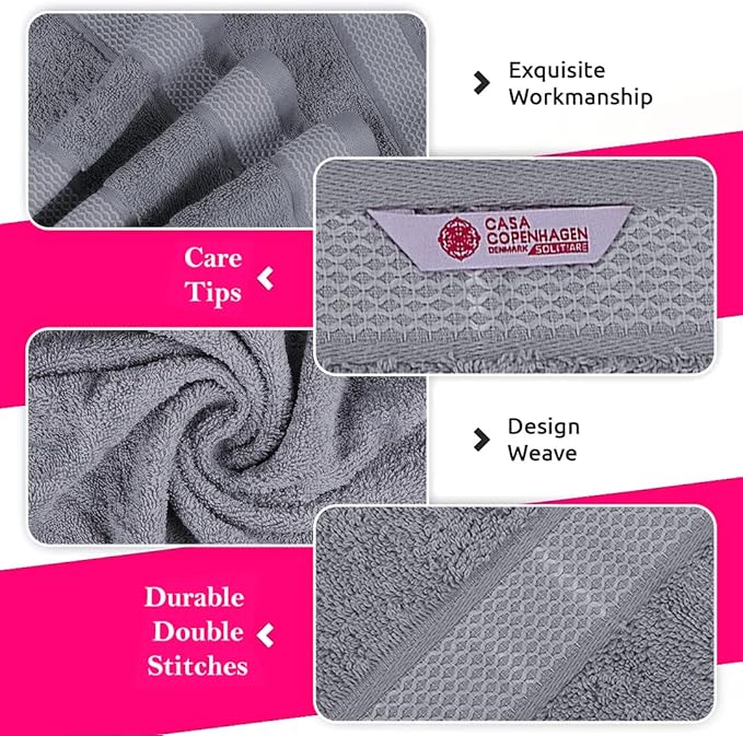 CASA COPENHAGEN Solitaire 6 Pieces Towel Set- Grey Violet, 600 GSM 2 Bath Towel 2 Hand Towel 2 Washcloth, Designed in Denmark Made of Soft Egyptian Cotton for Bathroom, Kitchen & Shower