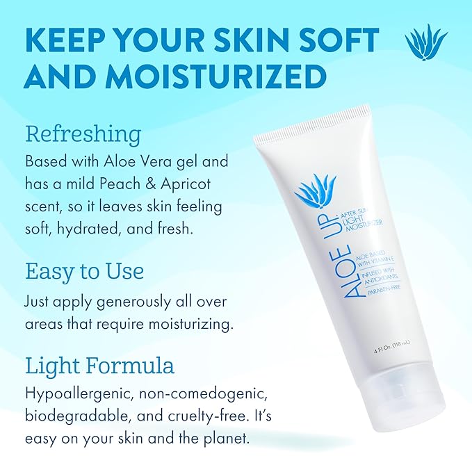 ALOE UP Spa Collection After Sun Light Moisturizer - Organic Hydrating After Sun Lotion With Aloe Vera Gel and Vitamin E - Reef Friendly - Mineral Oil Free - Peach-Apricot Fragrance - 4 Oz