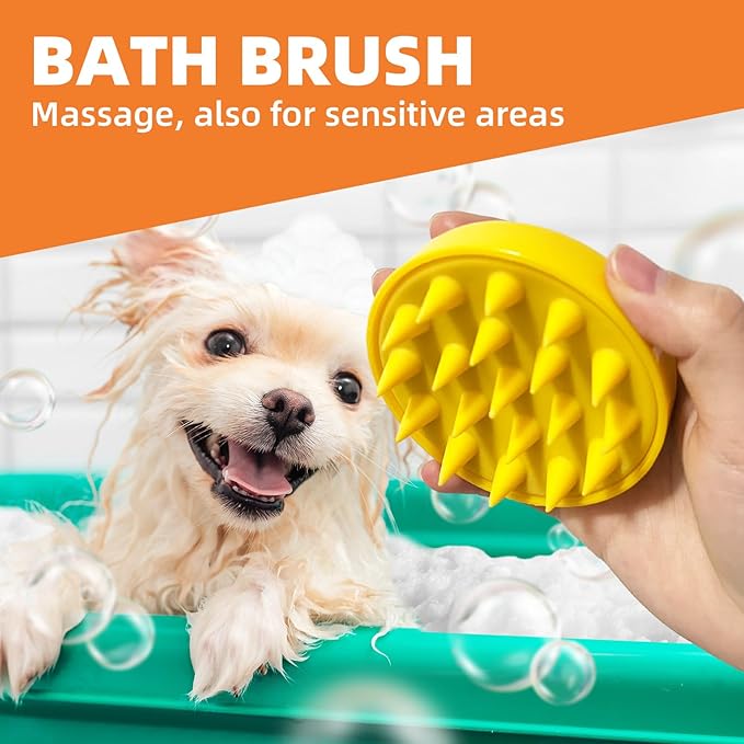 Dog Grooming Brush Set, 7 PCS Self-Cleaning Deshedding Hair Brushes for Short Long Haired Dogs Cats, Includes Scrubber Shower Wash Brush, Dematting Comb, Scissor - Yellow