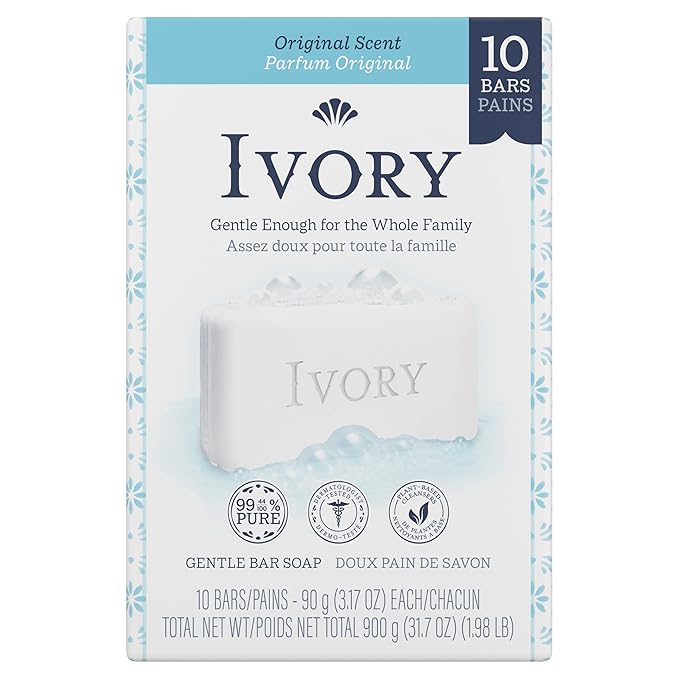 Ivory Gentle Bath Bar Soap, Family Pack, Designed for Whole Family, 99.44% Pure Formula, Plant-Based Cleansers, Made Without Heavy Perfumes, Parabens or Phthalates, Original Scent, 3.17 oz (10 Count)