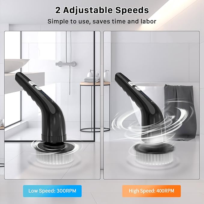 Electric Spin Scrubber, Cordless Cleaning Brush, Shower Scrubber with 7 Replaceable Brush, 2 Speeds and Adjustable Extension Handle for Bathroom Shower Bathtub Glass Car(Black)