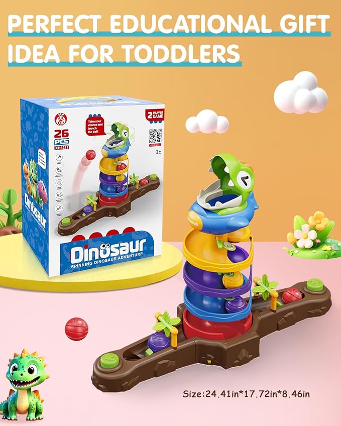 Dinosaur Ball Drop Toy for 3 4 5 6 7 8 Years Old Kids, Dino Spin Twister Toddlers Toy, Shoot Balls Toddler Montessori Toys Gifts for 3-6 Year Old Boys Girls, 2 Players PK Mode