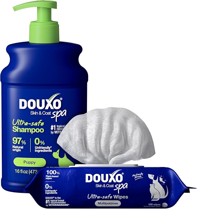 DOUXO® Skin & Coat SPA – Ultra-Safe Combo for Puppies, Puppy Shampoo (16 fl oz, Gently Cleanses & Hydrates Delicate Skin) + Multipurpose Wipes (100 Count, Refreshes Coat)