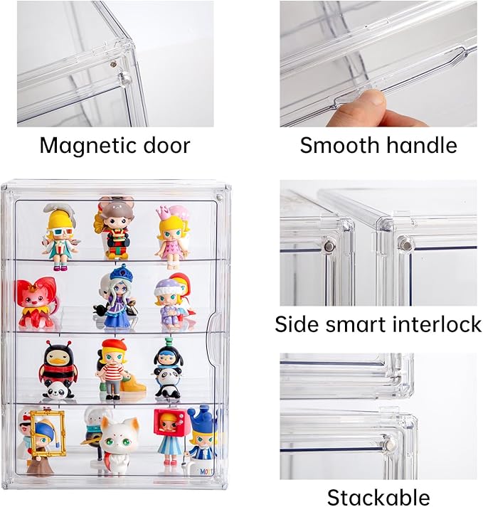 3X-Large 4 Tiers 17.7"X13"X13" Acrylic Display Case with 3 Division Boards, Clear Organizer Box Plastic Holder with Magnetic Door for Handbags, Purses, Boots, Figures, Book