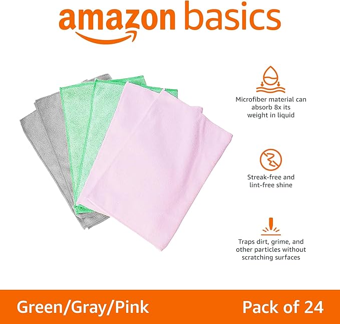 Amazon Basics Microfiber Cleaning Cloths, Ultra Soft and Absorbent, Free from Streaks/Lint/Scratch for Cars, 16" x 12", Green/Gray/Pink, 24-Pack