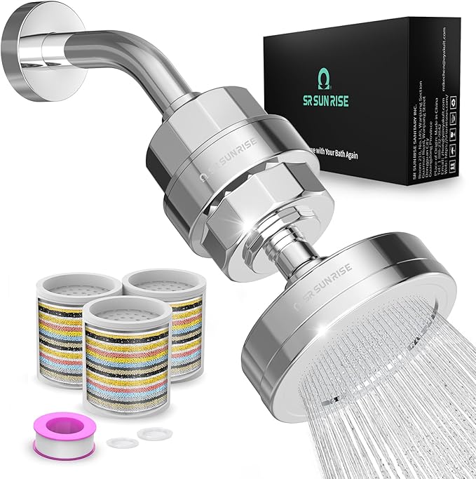 SR SUN RISE Filtered Shower Head with 3 Replaceable Filter Cartridges, 20+3 Stage Shower Filter Head for Hard Water, High Pressure Shower Head with Filters Removes Chlorine, Harmful Substances