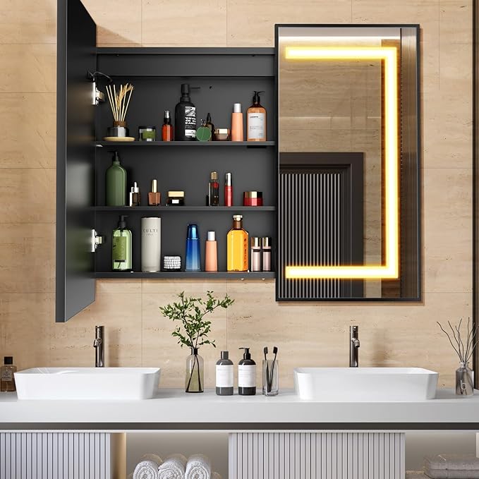 APRILSOUL 36X30 Inch Black Bathroom Medicine Cabinet with Mirror, Recessed or Surface Lighted Medicine Cabinet with 3 Colors Temperature, Dimmable Light