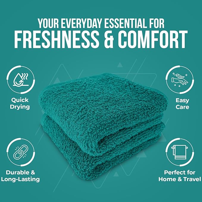 DAN RIVER 24 Pack Wash Cloths for Showering [12x12] - 100% Cotton Washcloths Premium Quality Flannel Face Cloths for Bathroom, Highly Absorbent and Soft Feel Wash Clothes, Teal