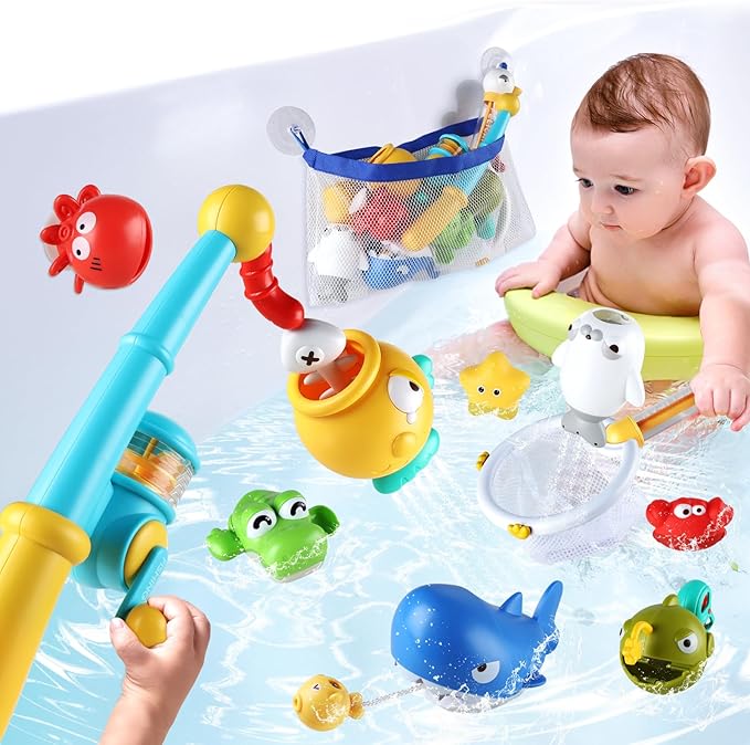 Bath Toys for Kids, Magnetic Fishing Toys with Storage Bag and Light up Star, Wind Up Creatures Baby Bathtub Birthday Gifts for Toddlers 2-4 Boys Girls, 11 Pcs Set