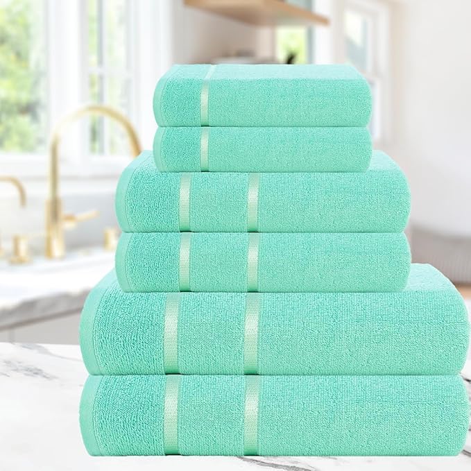 CASA COPENHAGEN Eternal 6 Pieces Towel Set- Aqua Blue, 500 GSM 2 Bath Towel 2 Hand Towel 2 Washcloth, Designed in Denmark Made of Soft Egyptian Cotton for Bathroom, Kitchen & Shower