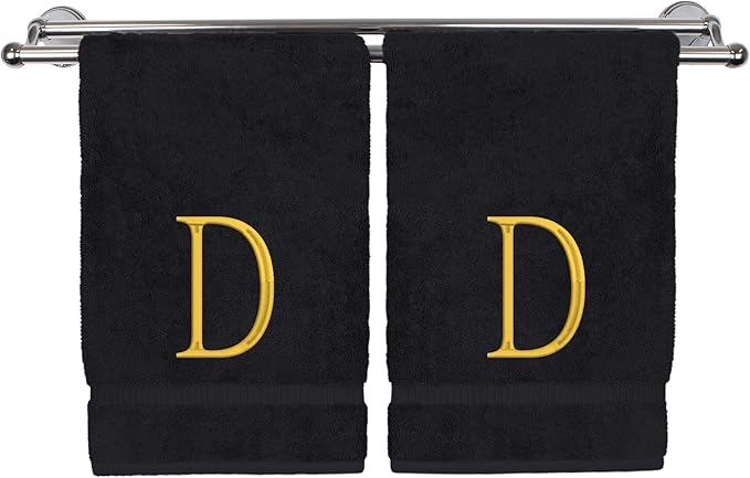 Monogrammed Hand Towel, Personalized Initial Gift, Extra Absorbent 100% Turkish Cotton - Soft Terry Finish - Set of 2 - Gold Block Initial D - Embroidered on Black Towels