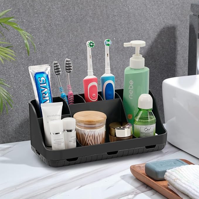 Black Toothbrush Holder - 7 Slots Bathroom Organizer Countertop with Drainage Matte Black Electric Toothbrush and Toothpaste Holder for Bathroom Accessories Organization Vanity Sink Storage
