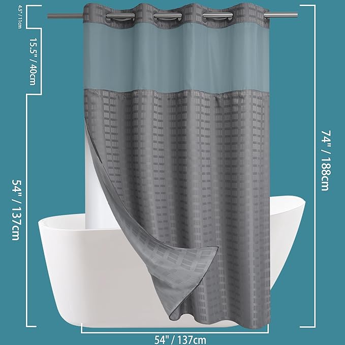 Conbo Mio Stall No Hook Shower Curtain with Snap in Liner Set, Hotel Luxury Grey Shower Curtains for Bathroom with See Through Top Window, Waterproof, Washable 54W x 74H