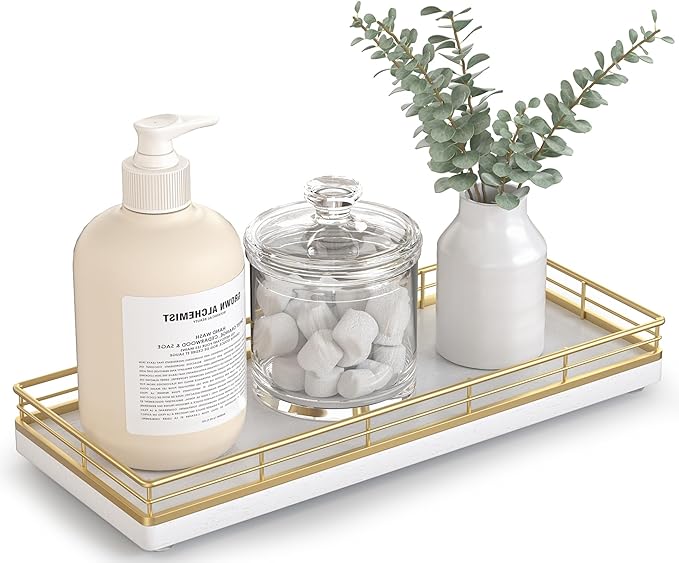 Bathroom Tray for Counter Top Organizer – Oak Wood Vanity Tray with Metal Frame for Dresser, Kitchen, Nightstand – Gold & White Decorative Storage