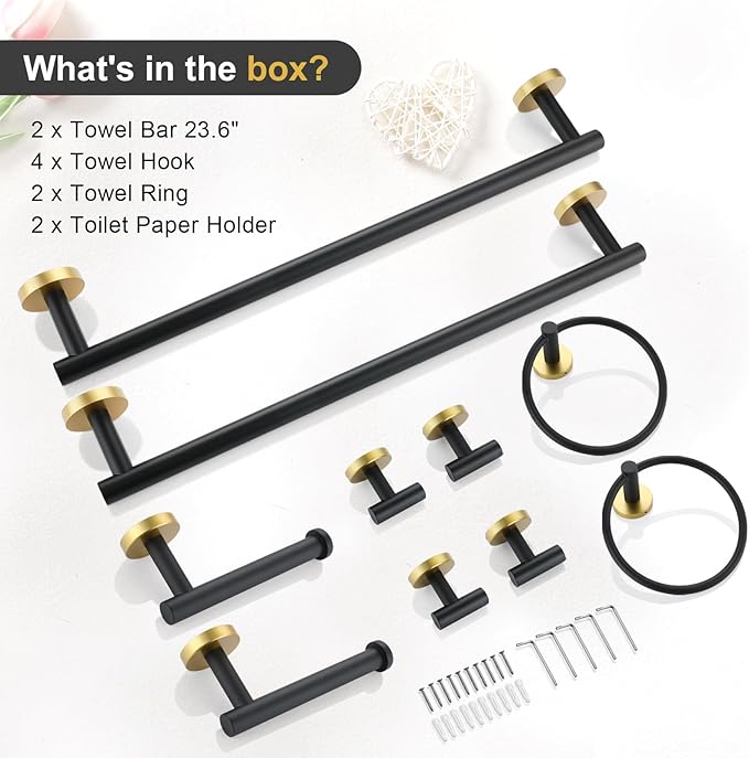TQKAG Black and Gold Bathroom Hardware Accessories Set 10-Pieces, Premium SUS304 Stainless Steel Bathroom Towel Bar Holder Set 23.6 Inch Round Towel Racks for Bathroom Wall Mounted