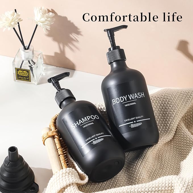 Reusable Shampoo and Conditioner Bottles (5Pack Matte Black) Plastic 16.9oz Dispenser for Conditioner,Shampoo Containers for Shower