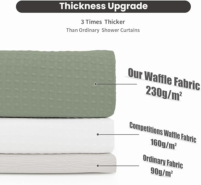 Inhousolu No Hook Waffle Weave Shower Curtain with Removable Snap in Fabric Liner Set for Bathroom, 230 GSM Heavy Duty Weighted Hem, Water Repellent Washable Bath Curtains, 36 x 72 Inch, Sage Green