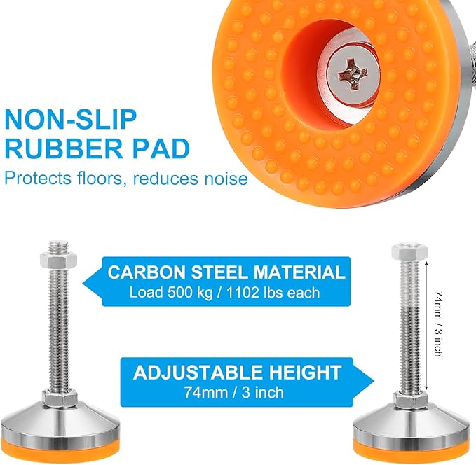 PATIKIL Furniture Leveling Feet 2.4" Dia Base M12 Thread, 4 Pcs Carbon Steel Adjustable Threaded Furniture Levelers Screw on Leg Leveler with Pads for Desk Chair Cabinet,Yellow