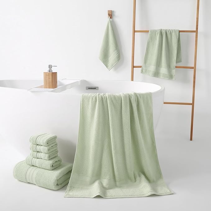 REDKISS Green Towel Set of 8-100% Cotton Luxury Bath Towels Set for Bathroom, 600 GSM Highly Absorbent Bathroom Towel with 2 Large Bath Sheet, 2 Hand, 4 Washcloths, Green Shower Towels for Dorm