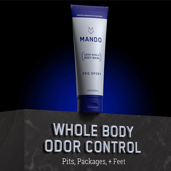 Mando Odor Shield Body Wash - 24 Hour Control - Removes Odor Better than Soap - SLS and Paraben Free, Skin Safe - 8.5 Ounce (Pro Sport)