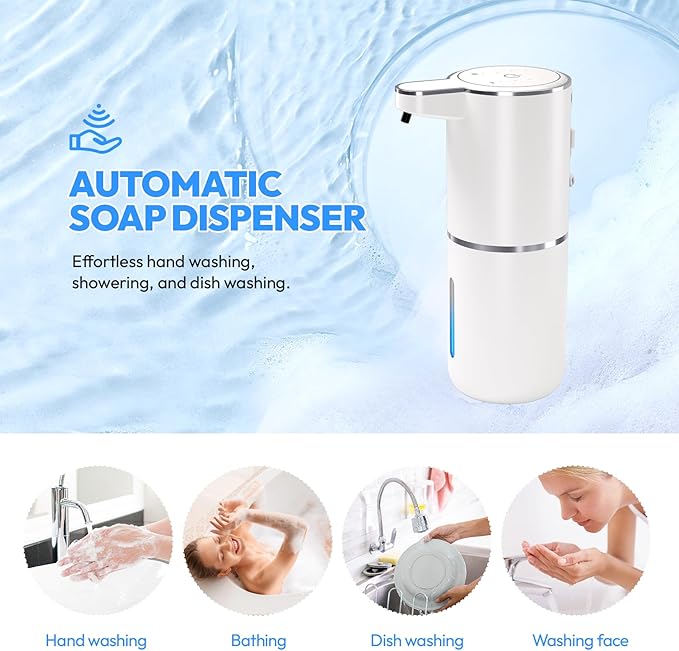 Automatic Soap Dispenser Touchless,Liquid Hand Soap Dispenser 12.8oz USB 4levels Adjustable Dispenser Electric Wall Mounted Smart for Bathroom and Kitchen Dish Soap，Easy for Toddlers(White)