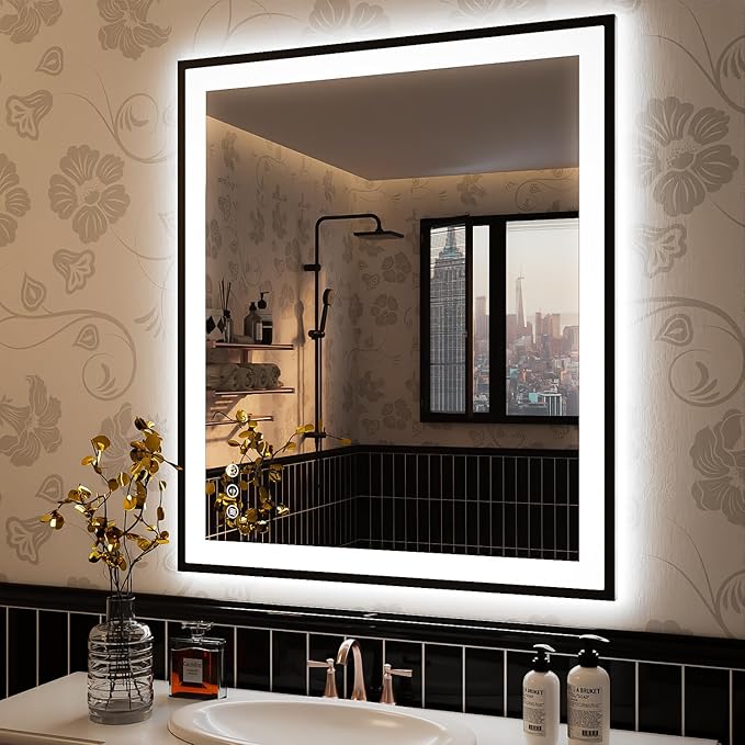 ISKM Framed LED Mirror for Bathroom 36"x30", Dimmable LED Bathroom Mirror with Lights, Anti-Fog, Front and Backlit Lighted Mirror 3-Colors, Shatterproof, Memory Function