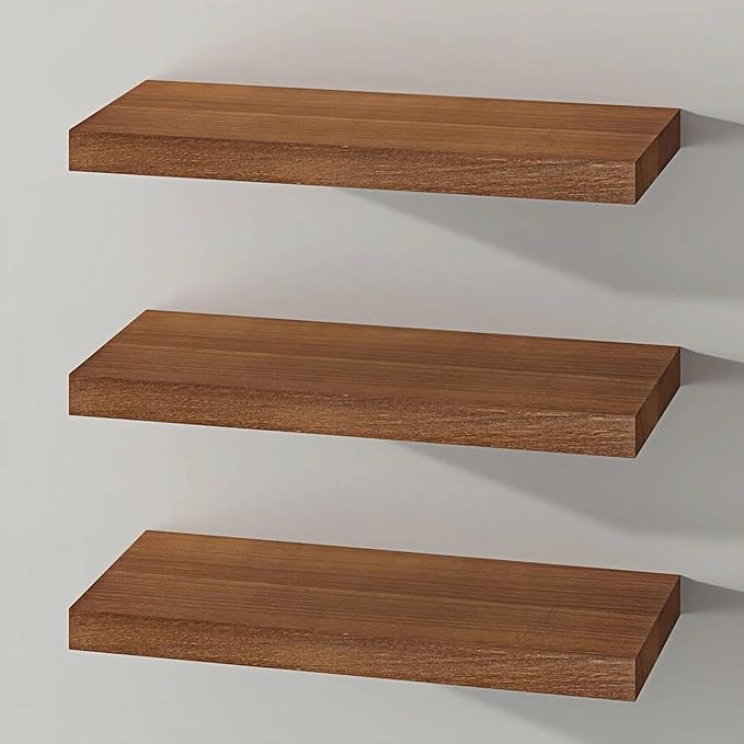 SAUMONIERES Floating Shelves Wall Shelf Solid Wood for Bathroom Bedroom Kitchen Storage Set of 3, Walnut Wall Shelves