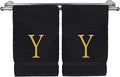 Monogrammed Hand Towel, Personalized Initial Gift, Extra Absorbent 100% Turkish Cotton - Soft Terry Finish - Set of 2 - Gold Block Initial Y - Embroidered on Black Towels