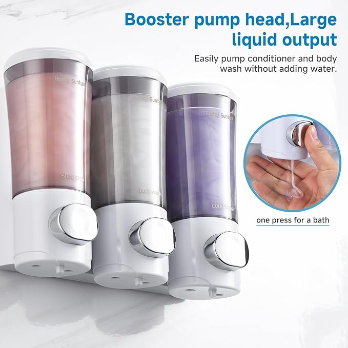 Shampoo and Conditioner Dispenser No Drill Shower Soap Dispenser Wall Mounted Shower Dispenser 3 Chamber with Upgrade Smooth Pump Head Bathroom Body Wash Soap Dispenser Set 450ml*3 White