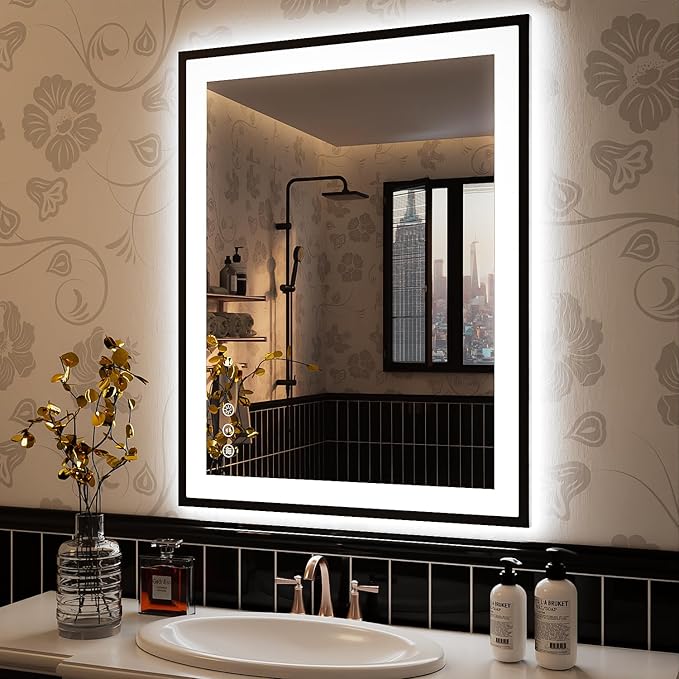 ISKM Framed LED Mirror for Bathroom 32"x24", Dimmable LED Bathroom Mirror with Lights, Anti-Fog, Front and Backlit Lighted Mirror 3-Colors, Shatterproof, Memory Function