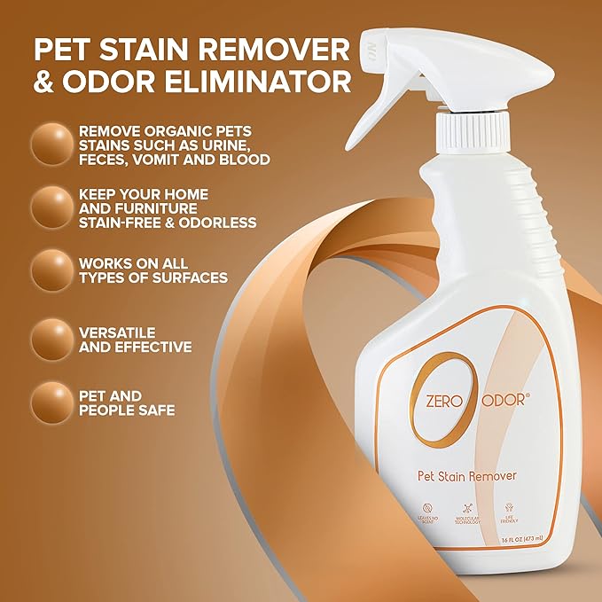 Zero Odor - Pet Stain Remover & Odor Eliminator - Permanently Remove Stain & Odor with Patented Technology Best for Carpet, Furniture, Floors, Pet Bed– Look and Smell Great, 16oz (Over 400 Sprays)