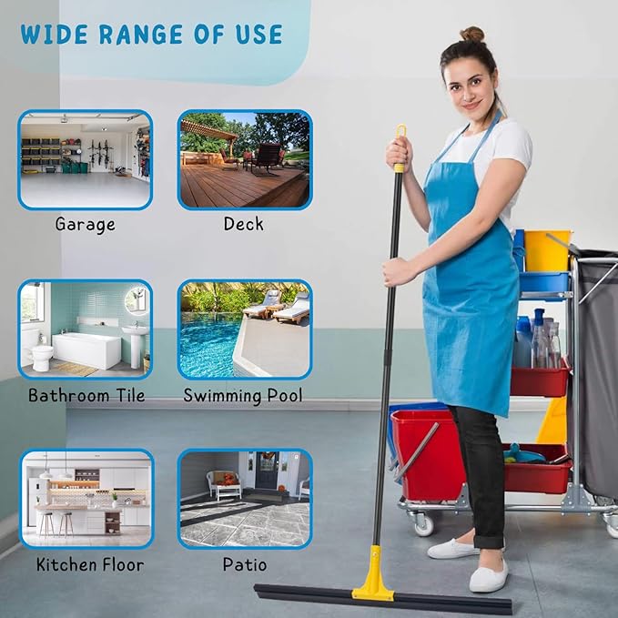 Floor Squeegee for Concrete, 30'' Large Rubber Broom for Tile, 59'' Long Handle Heavy Duty Water Wiper for Garage, Deck